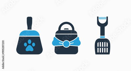 Cute blue and dark icons for pet care: a scoop and bag with a paw print, a decorated pet urn, and a litter scoop, perfect for pet services or supplies.