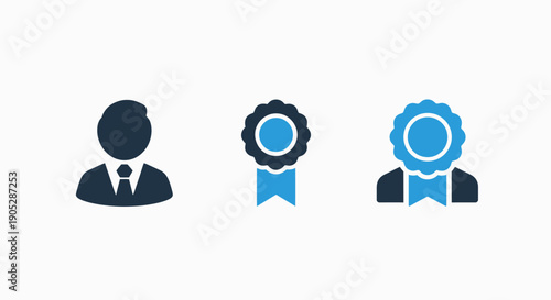 Icons depicting professional achievements and roles: a person icon, a rosette award, and a person with a rosette, representing success, recognition, and employee of the month.
