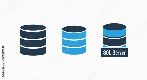 Modern icons representing databases and SQL Server, showing stacked data cylinders with varying colors and a specific SQL Server emblem for data storage and management.