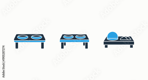 Modern icons for pet feeding stations: two empty bowls on a table, another two empty bowls, and one bowl with food, representing pet nutrition and dining.