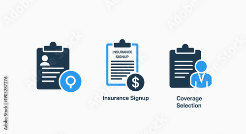 Icons for insurance services: document with magnifying glass for profile search, signup form with dollar sign, and coverage selection, representing the insurance process.