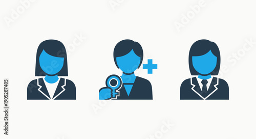 Team and access icons: female executives, a woman with a key and plus sign for access, and a woman in suit