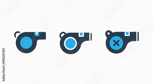 Whistle icons: sports referee whistle, alert signal, and cancel notification for sports or safety