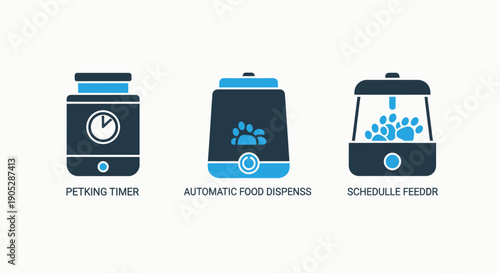 Smart pet feeder icons: timer, automatic dispenser, and scheduled food delivery for pets