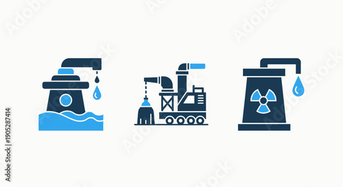 Industrial hazard icons: nuclear power plant, waste disposal truck, and water contamination warning