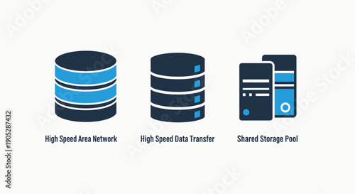 Database icons representing high speed network, data transfer, and shared storage pool for IT concepts.
