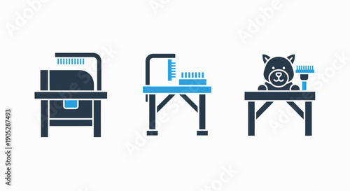 Grooming station icons for pet care: a washing machine, a grooming table, and a cute dog with a brush.