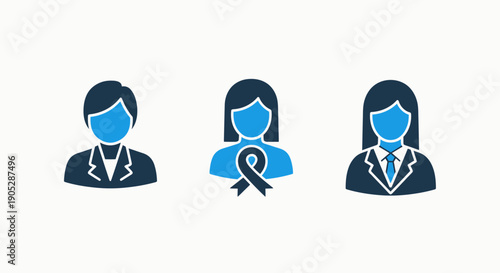Icons representing women in business, advocacy with a ribbon symbol, and professional women, for female empowerment.
