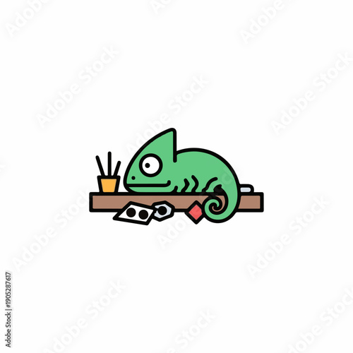 Green chameleon eats sushi on wooden table