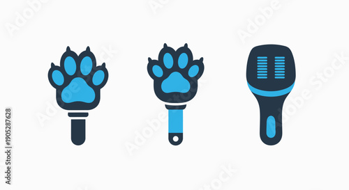 Collection of three blue icons: two paw prints and one grooming brush, symbolizing pet care and grooming services.
