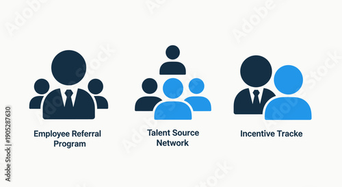 HR and recruitment icons: employee referral, talent network, and incentive tracking programs.