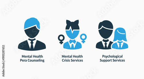 Icons for Mental Health Pera Counseling, Mental Health Crisis Services, and Psychological Support Services.