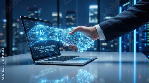 Businessman interacting with AI on modern laptop in sleek office