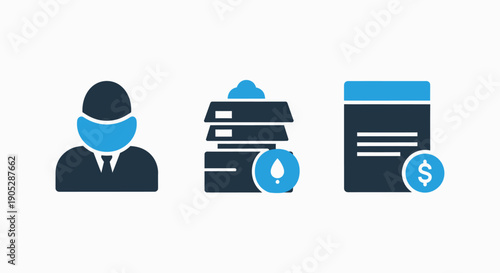 Icons representing employee, cloud data storage with water droplet, and invoice with dollar sign for business and finance.