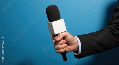 Businessman's hand holding a black microphone with white cube against a vibrant blue background, interview concept