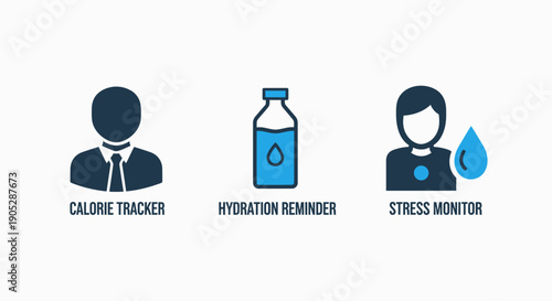Icons for Calorie Tracker, Hydration Reminder, and Stress Monitor, promoting a healthy lifestyle and self-care.