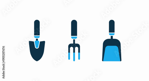 Set of three gardening tools: trowel, fork, and dustpan, for planting, soil work, and cleanup.