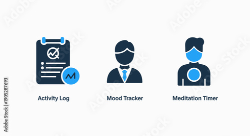 Icons for Activity Log, Mood Tracker, and Meditation Timer, supporting mental wellness and personal development.