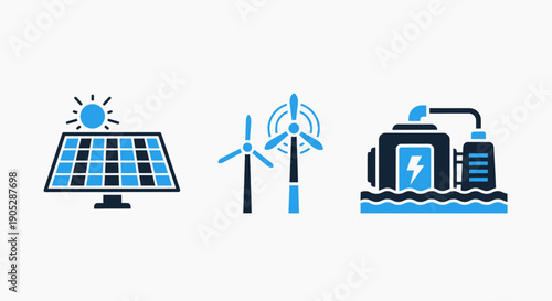 Icons for renewable energy sources: solar panel, wind turbines, and a hydro power plant.
