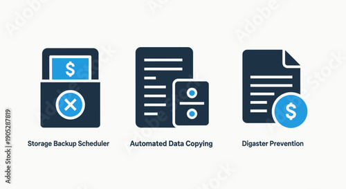 Data management icons: backup scheduler, automated copying, and disaster prevention for secure storage and business continuity