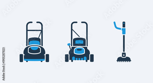 Set of icons: lawnmower and vacuum cleaner on white background. Vector illustration in flat design, blue and dark blue colors. Represents gardening, cleaning and home maintenance tools.