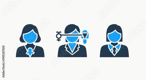 Conceptual icons representing diversity, identity, and inclusion in business. Female icons with symbols of gender, parent, and individuality. Vector illustration.