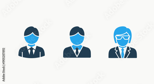 Set of businessperson avatars in different styles. Icons of men and women in suits with ties, representing diverse professionals and corporate roles. Blue and dark blue vector design.