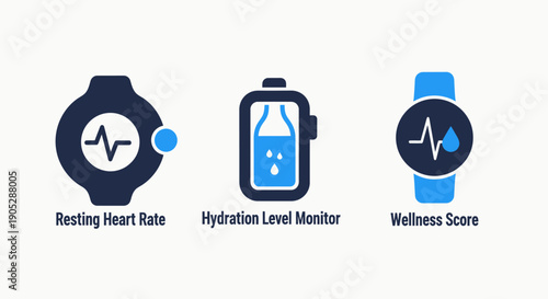Icons of wearable devices showing resting heart rate, hydration levels, and a wellness score, for health monitoring and fitness tracking.