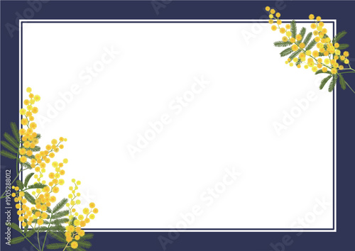 ミモザのフレーム（A4横_ネイビーの枠）