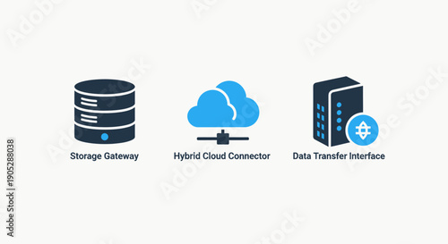 Data storage solutions: storage gateway, hybrid cloud connector, and data transfer interface icons for technology and networking concepts.