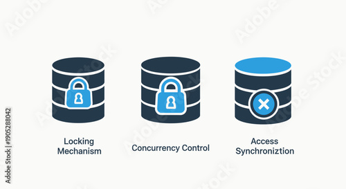 Database security icons: locking mechanism, concurrency control, and access synchronization for data management and system integrity.