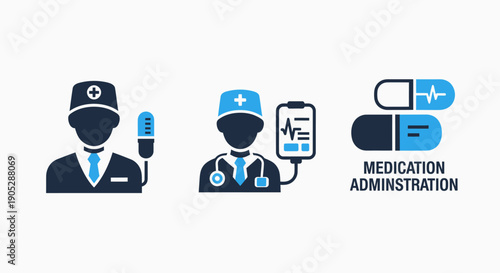 Medical icons: doctor with thermometer, nurse with IV drip, and medication capsules for healthcare, pharmacy, and treatment.