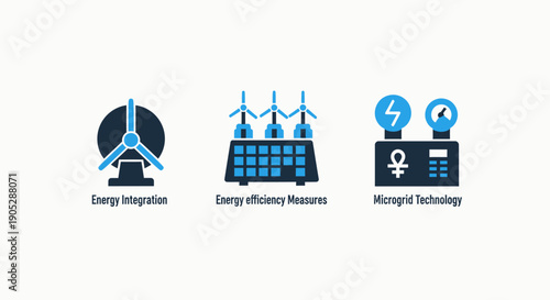 Renewable energy icons: wind turbine, solar panels on factory, and bioenergy system for sustainable power generation and technology.