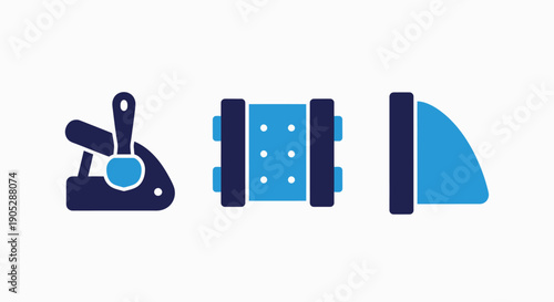Industrial and manufacturing icons: lever switch, bolt connector, and pipe fitting representing mechanical parts and engineering.