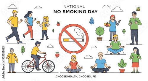 National no smoking day illustration with people choosing healthy lifestyles and a no smoking sign