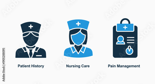 Healthcare icons: patient history, nursing care, and pain management for medical professionals and patient treatment.