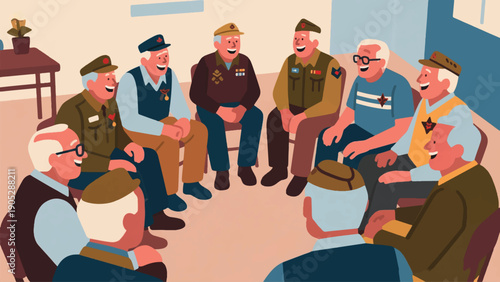 Illustration Of A Group Of Elderly Veterans Sitting In A Circle At A Simple Reunion, Laughing And Sharing Stories Vector Design Template