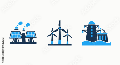 Renewable Energy Icons: Solar Power, Wind Turbines, Hydroelectric Dam, Green Energy, Power Generation, Sustainability, Industry