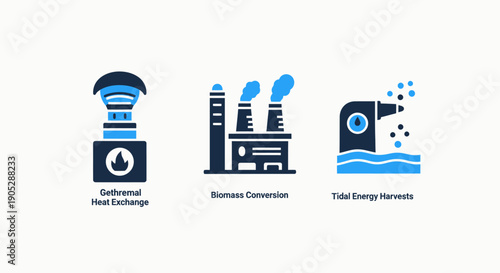Industrial Energy Icons: Geothermal, Biomass, Tidal Power, Sustainable Energy, Power Plants, Green Technology, Generation
