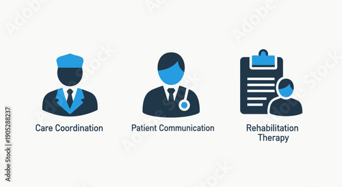 Healthcare Service Icons: Care Coordination, Patient Communication, Rehabilitation Therapy, Medical, Hospital, Doctor, Nurse, Patient