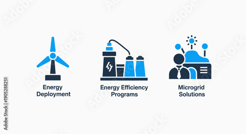 Energy Sector Icons: Wind Power, Energy Efficiency, Microgrid, Renewable, Sustainability, Power Generation, Grid