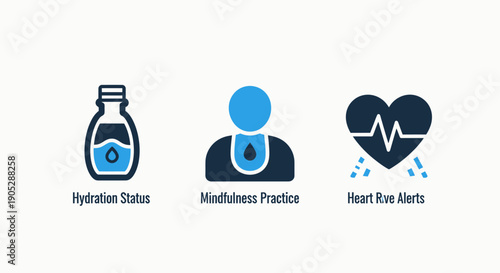 Personal Health Monitoring Icons: Hydration, Mindfulness, Heart Rate Alerts, Wellness, Health Tracking, Medical, Lifestyle