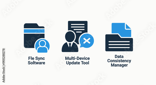 Software icons for file synchronization, multi-device updates, and data consistency management, featuring a professional, organized look.
