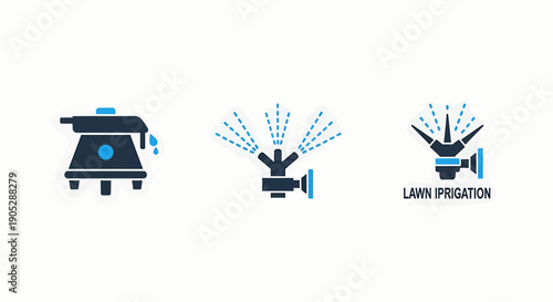 Lawn irrigation icons showcasing a sprinkler, a spray nozzle, and a watering system, ideal for gardening and landscaping services.