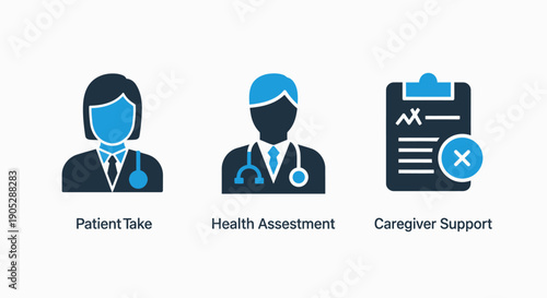 Medical icons for patient intake, health assessment, and caregiver support, conveying professional healthcare services and assistance.
