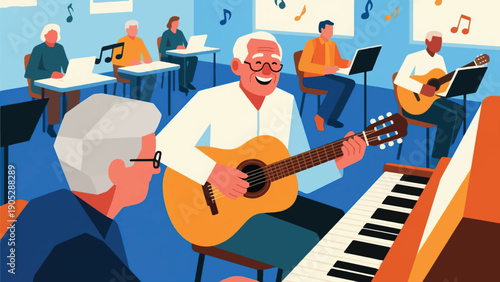 Illustration Of A Veteran Learning To Play Guitar And Piano In A Community Music Class, Expression Focused And Happy Vector Design Template