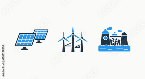 Clean energy icons showing solar panels, wind turbines, and a power plant, symbolizing renewable electricity generation.