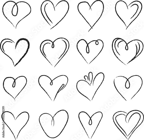 A charming collection of 16 hand-drawn heart illustrations. Each heart features a unique, fluid brushstroke style with elegant loops and creating a whimsical and romantic aesthetic
