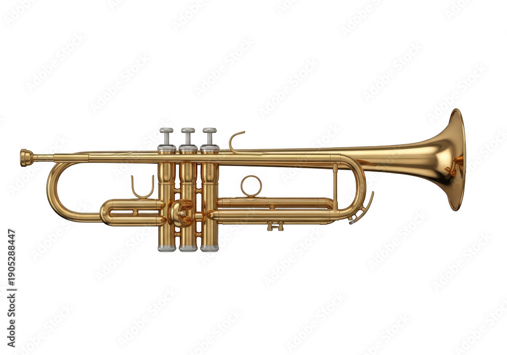 Fototapeta premium A shiny gold brass trumpet isolated on a white background with detailed valves and mouthpiece isolated on transparent background