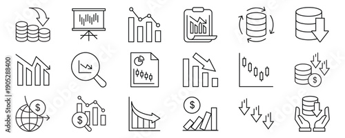 Loss of money line editable icon set. Contains icons related to lose money, bankruptcy, downturn, crisis, and more. Editable stroke. Vector illustration